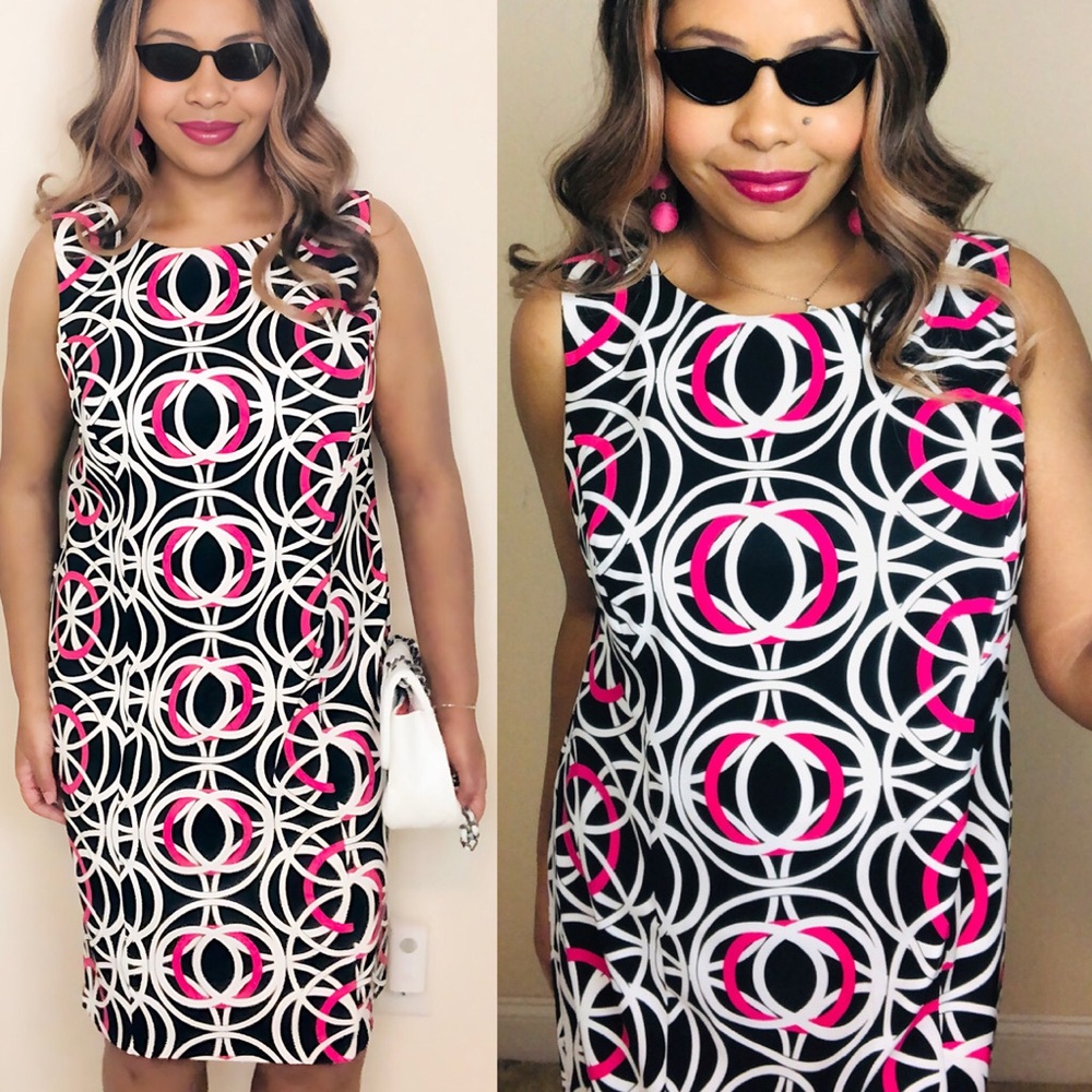 SALE 🔥 16W PLUS SIZE Circles Geometric Black Hot Pink Pink Knee Midi Sleeveless